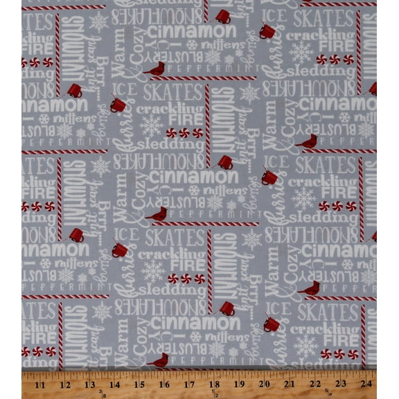 Cotton Winter Christmas Warm Cozy Snowman Cinnamon Hot Chocolate Words Script Welcome Winter Gray Cotton Fabric Print by the Yard (9710-90)