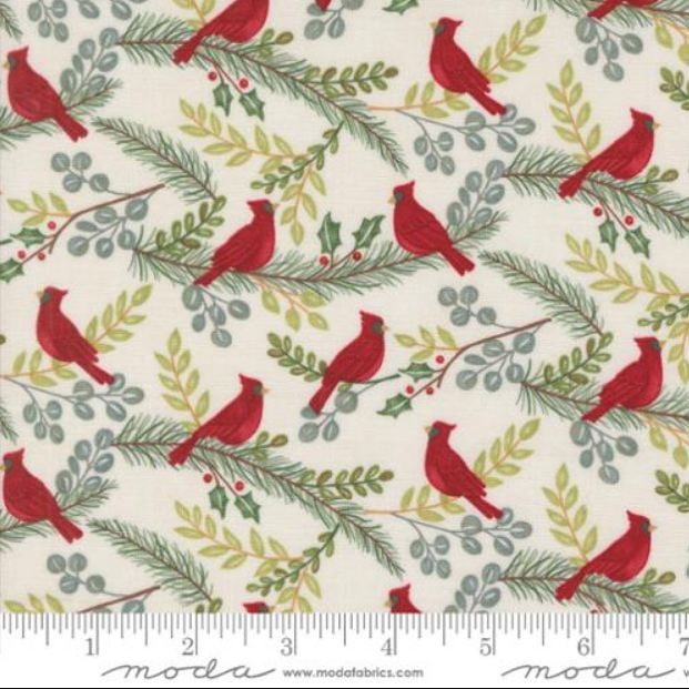 Cotton Winter Friends Deb Strain Red Cardinals Pine Branches Holly Berries Berry Floral Moda Fabrics Snowy White Cotton Fabric Print by the Yard (56132-11)