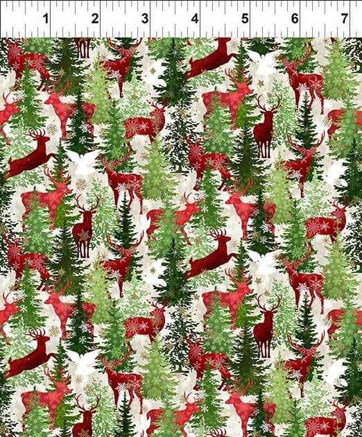Cotton Winter Soltice II Gold Metallic Reindeer Christmas Tree In the Beginning Cotton Fabric Print by the Yard (5WS-1M)