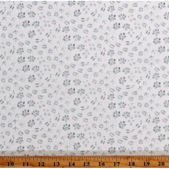Cotton Winter White Paw Prints Tracks Feet Marks Imprints Footsteps Animals White Cotton Fabric Print by the Yard (7230-09)