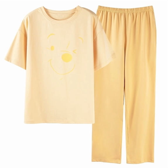 Cotton Women Pajama Set 2 Pcs Short Sleeve Pullover Top Sleepwear Long PJ Pants