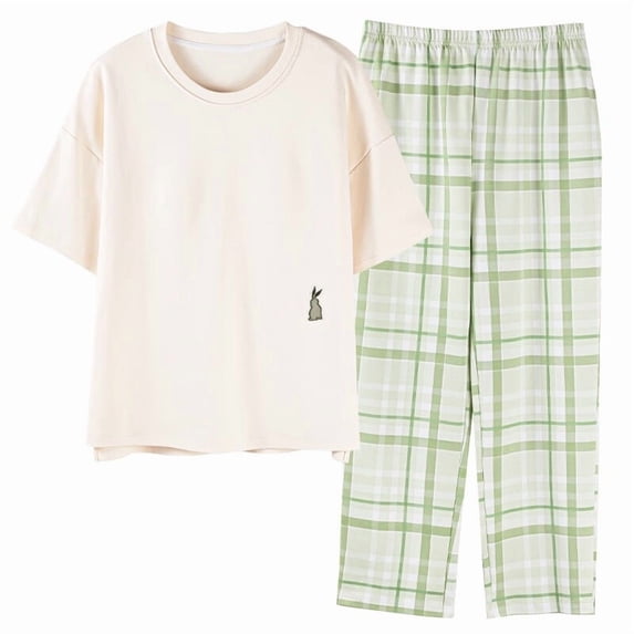 Cotton Women Pajama Set 2 Pcs Short Sleeve Pullover Top Sleepwear Long PJ Pants