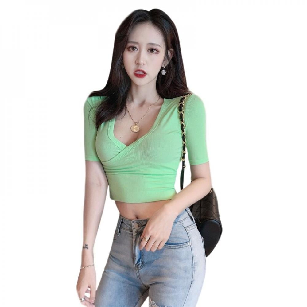 Cotton Women T-Shirt Sexy V-Neck Short Sleeve Crop Top Women