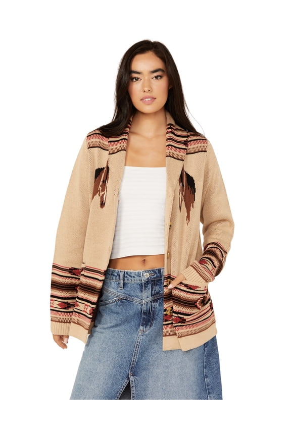 Cotton Women's And Rye Women'S Horse Motif Print Cardigan Tan   US