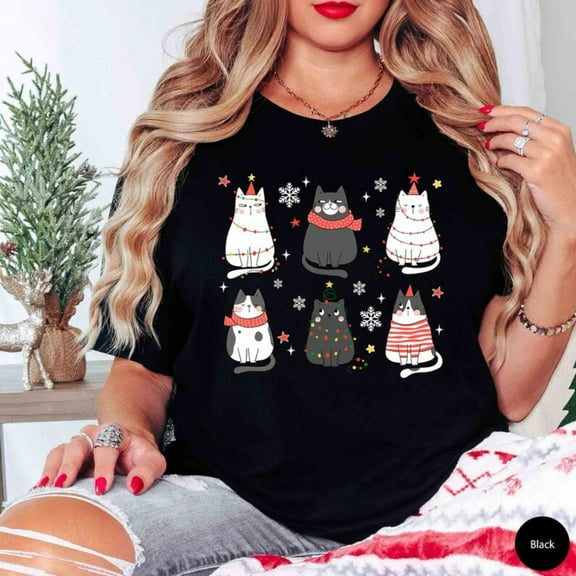 Women's Cat Lover Christmas Graphic Tee T Shirt Top Short Sleeve Round Neck Breathable Black S-5XL