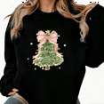 thumbnail image 1 of Cotton Women's Graphic Tee T-Shirt Pink Bow Christmas Tree Print Top Round-neck long-sleeved Black S-3XL, 1 of 6