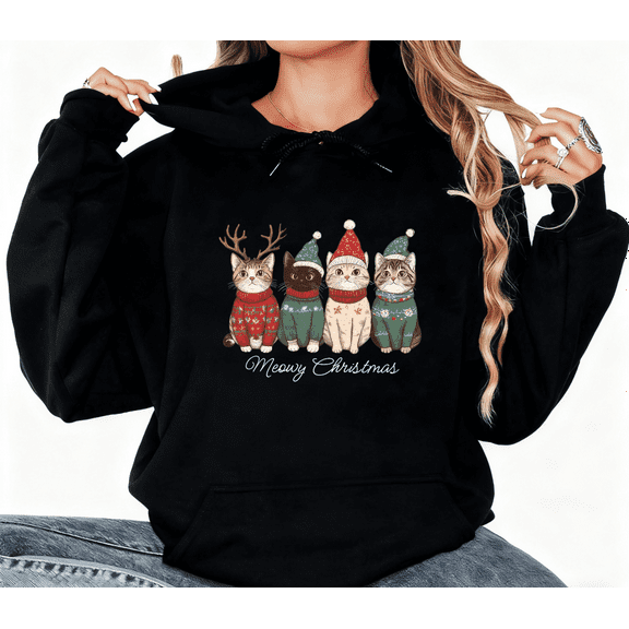 Cotton Women's Meowy Christmas Cat Graphic Tee T-Shirt Print Top Hooded long-sleeved Black S-2XL