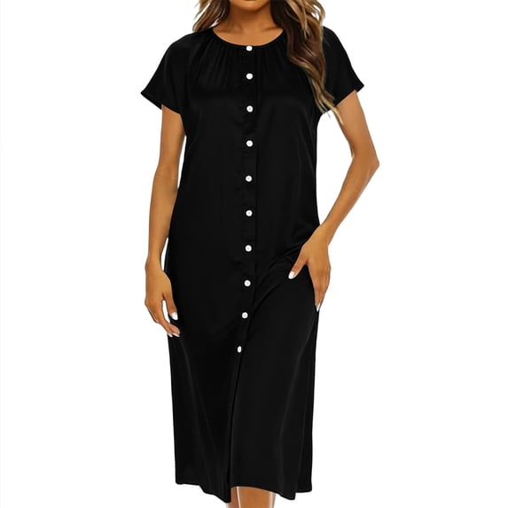 Cotton Women's Nightgown Button UP Short Sleeve Loose Crew Neck Plain Lounge Casual Midi Sleep Shirt for Daliy