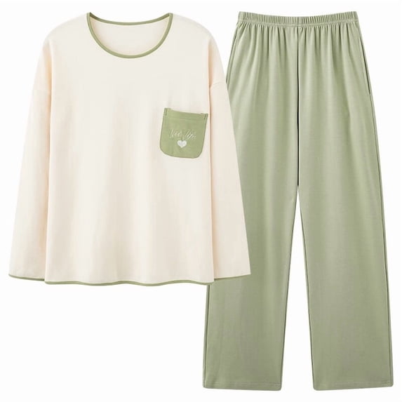 Cotton Women’s Pajama Set 2 Pcs Long Sleeve Pullover Top Sleepwear Long PJ Pants