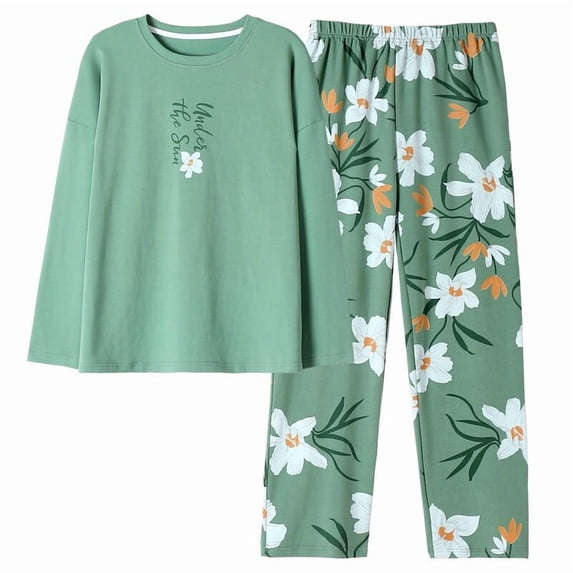 Cotton Women’s Pajama Set 2 Pcs Long Sleeve Pullover Top Sleepwear Long PJ Pants