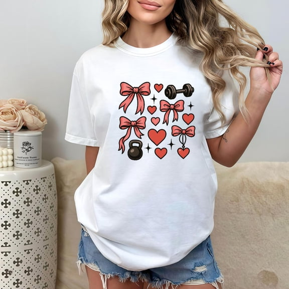 Cotton Womens Fitness Heart Graphic Girly Tee T Shirt Tops Short Sleeve Round Neck White S-5XL