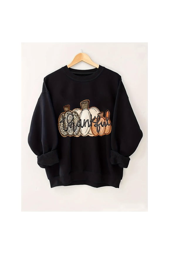 Round-neck long-sleeved Cotton Womens Halloween Pumpkin Graphic Sweatshirt Casual Top in Black S-3XL