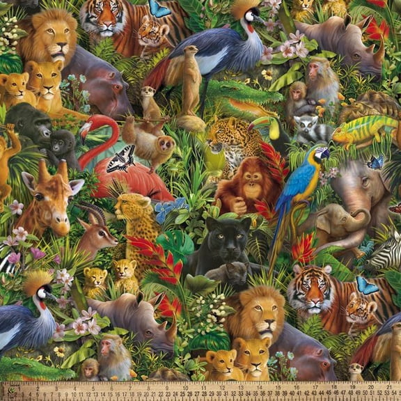 Cotton Wonders of Nature Jungle Animals Vegetation Lion Giraffe Monkey Parrot David Textiles Cotton Fabric Print by the Yard (ML-3694-5C)