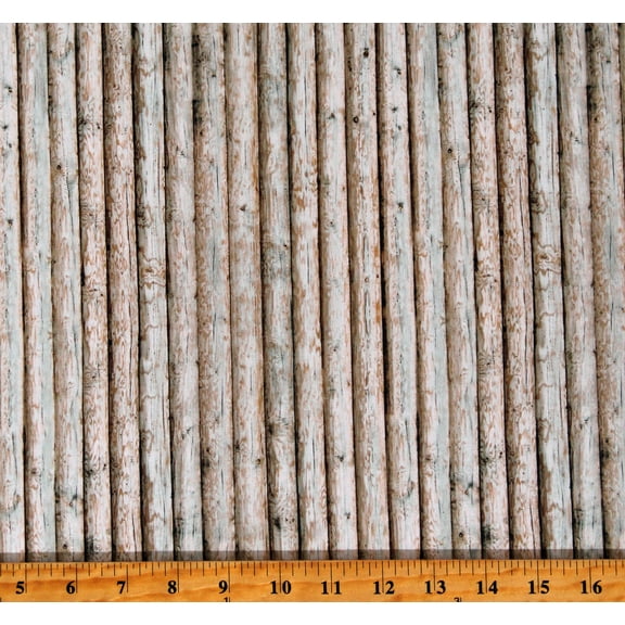 Cotton Wooden Planks Logs Cabin View Tan Cotton Fabric Print by the Yard (DP25119-14)