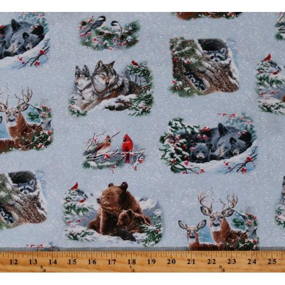 Cotton Woodland Animals Bears Deer Cardinals Wolves Wolf Raccoons Northwoods Winter Companions Blue Cotton Fabric Print by the Yard (9613SNOW)