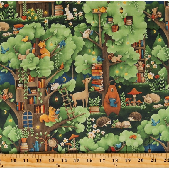 Cotton Woodland Animals Books Library Tree House Forest Green Cotton Fabric Print by the Yard (120-19614)