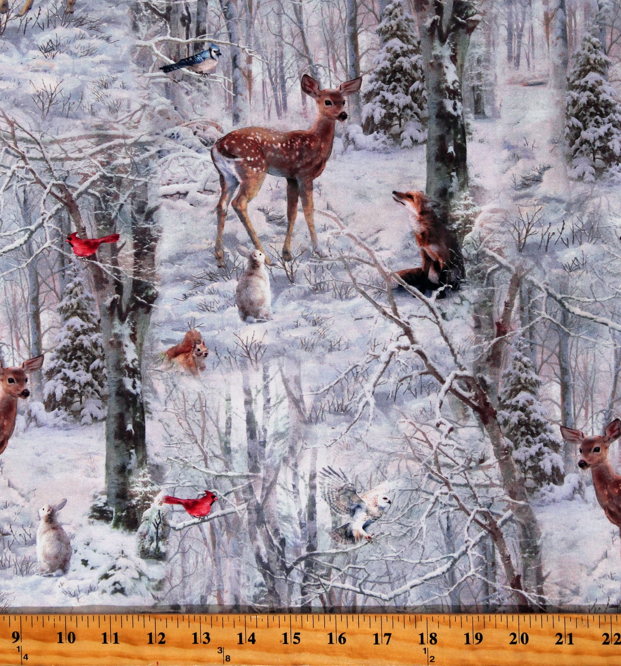 Cotton Woodland Animals Deer Birds Forest Winter Tales Christmas Holidays Cotton Fabric Print by the Yard (W5395-307-SNOW)
