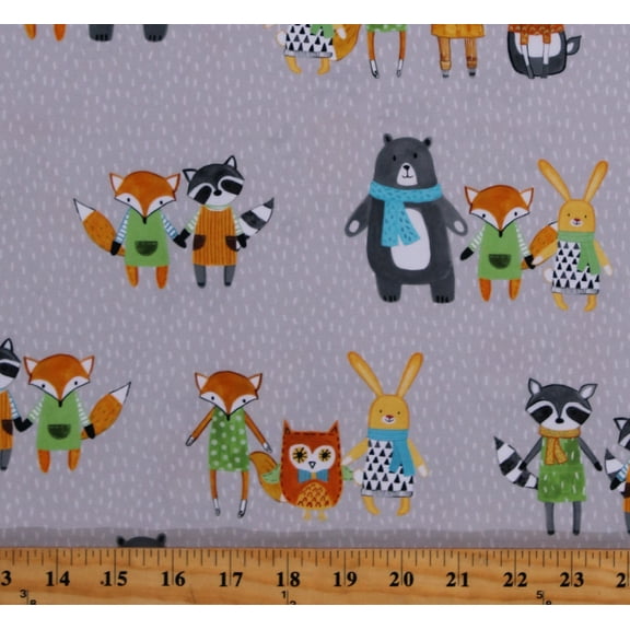 Cotton Woodland Animals Friends Bears Rabbits Bunnies Owls Raccoons Kids Cute Creatures Neighborhood Pals Gray Cotton Fabric Print by the Yard (ADYD-19655-12GREY)