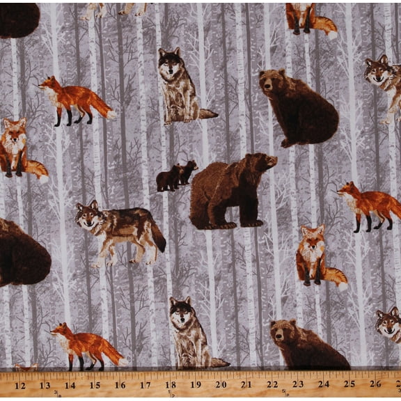 Cotton Woodland Animals Northwoods Bears Foxes Wolves Wolf Forest Reflections by Two Can Art Gray Cotton Fabric Print by the Yard (A-145-C)