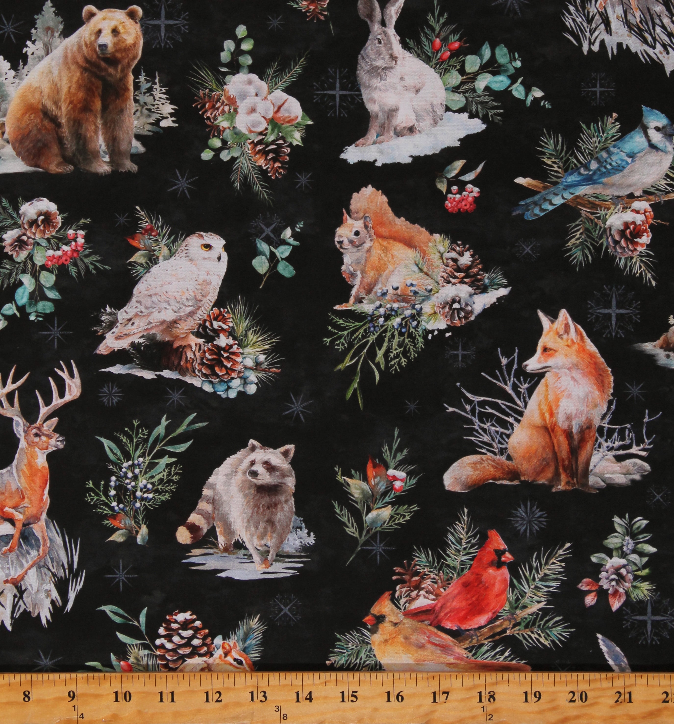 Cotton Woodland Animals Winter Tales Christmas Holidays Black Cotton Fabric Print by the Yard (W5389-A4-ANTIQUE-BLACK)