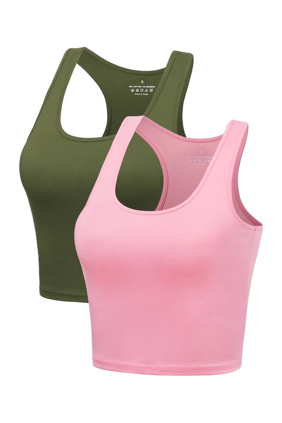 Cotton Workout Crop Top for Women Racerback Yoga Tank Tops Athletic Sports Shirts Exercise Undershirts 2 Pack Olive Pink S