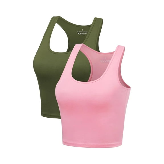 Cotton Workout Crop Top for Women Racerback Yoga Tank Tops Athletic Sports Shirts Exercise Undershirts 2 Pack Olive Pink XL