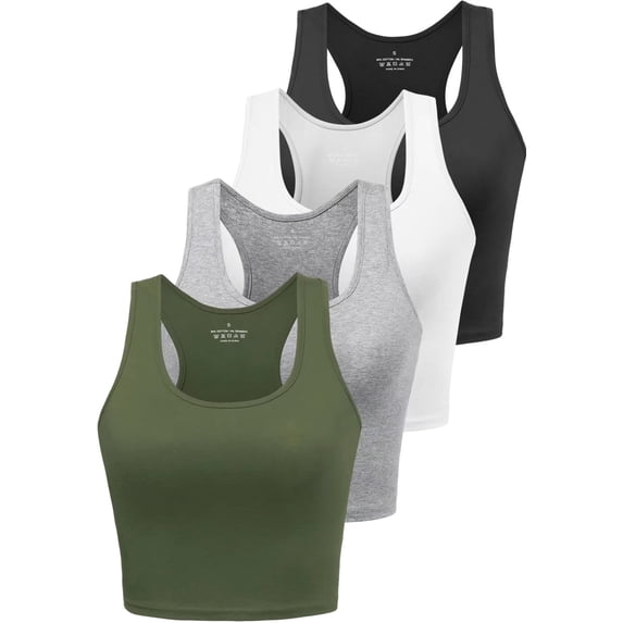 Cotton Workout Crop Top for Women Racerback Yoga Tank Tops Athletic Sports Shirts Exercise Undershirts 4 Pack Black White Grey Olive L