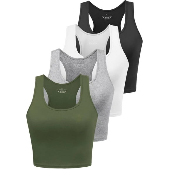 Cotton Workout Crop Top for Women Racerback Yoga Tank Tops Athletic Sports Shirts Exercise Undershirts 4 Pack Black White Grey Olive M