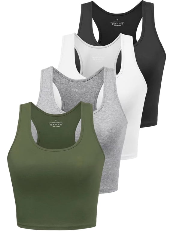 Cotton Workout Crop Top for Women Racerback Yoga Tank Tops Athletic Sports Shirts Exercise Undershirts 4 Pack Black White Grey Olive M