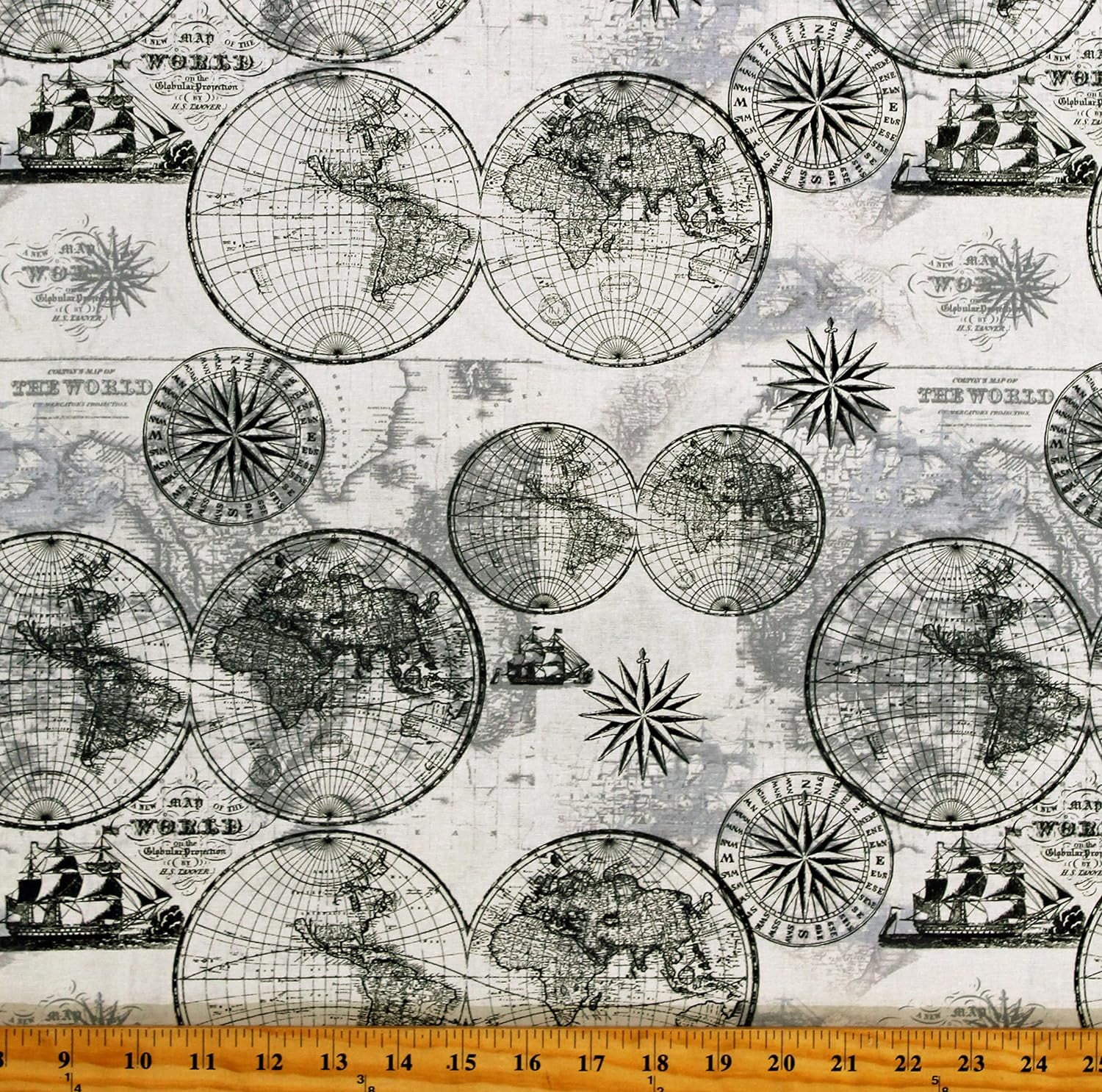 Cotton World Maps Compasses Land Oceans Seas States Provinces Travel