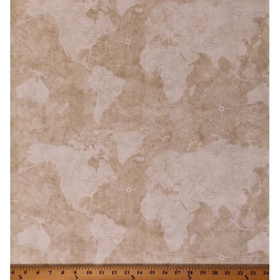 Cotton World Maps Vintage-Look Nautical Map Countries Continents Compass Atlas Travel Cream Cotton Fabric Print by the Yard (QTI-C7738-CREAM)
