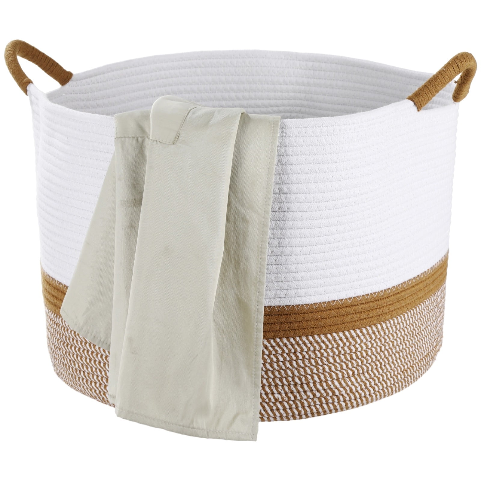 Cotton Woven Basket with Handles, 19.7" x 13" Large Cotton Rope Woven Storage Basket for Organizing, Laundry Hamper, Round Toy Organizer Bin for Nursery, Living Room, Bedroom
