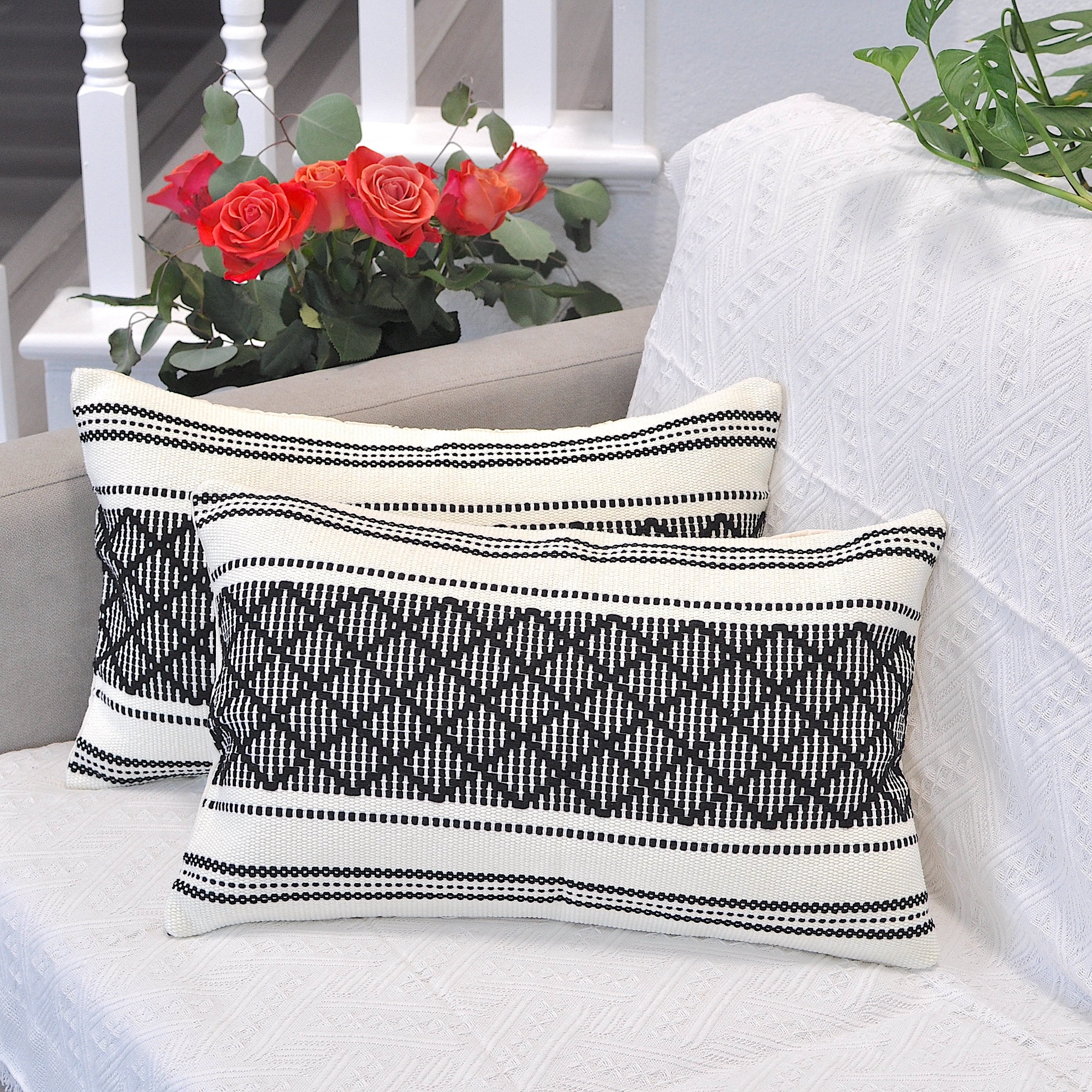 Cotton Woven Designer Lumbar Throw Pillow Covers Black and White, 12 x 20 inches | Oblong Small Rectangular Pillow Cases Set of 2
