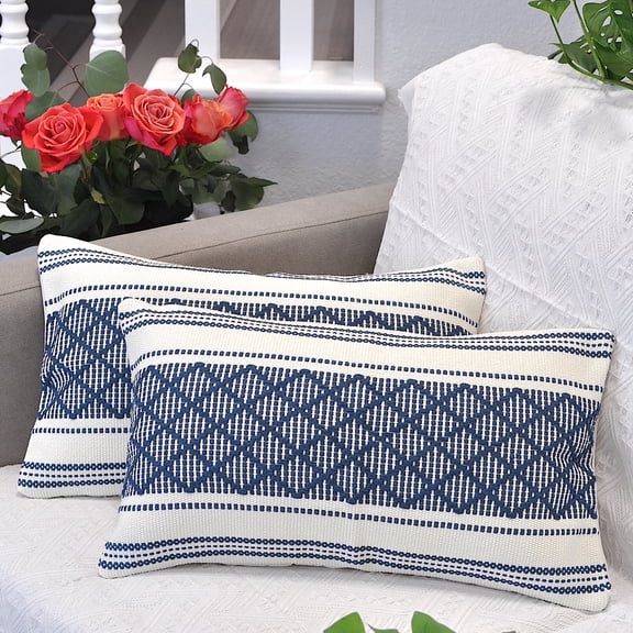 Cotton Woven Designer Lumbar Throw Pillow Covers Navy Blue / Cream White, 12 x 20 inches | Oblong Small Rectangular Pillow Cases Set of 2