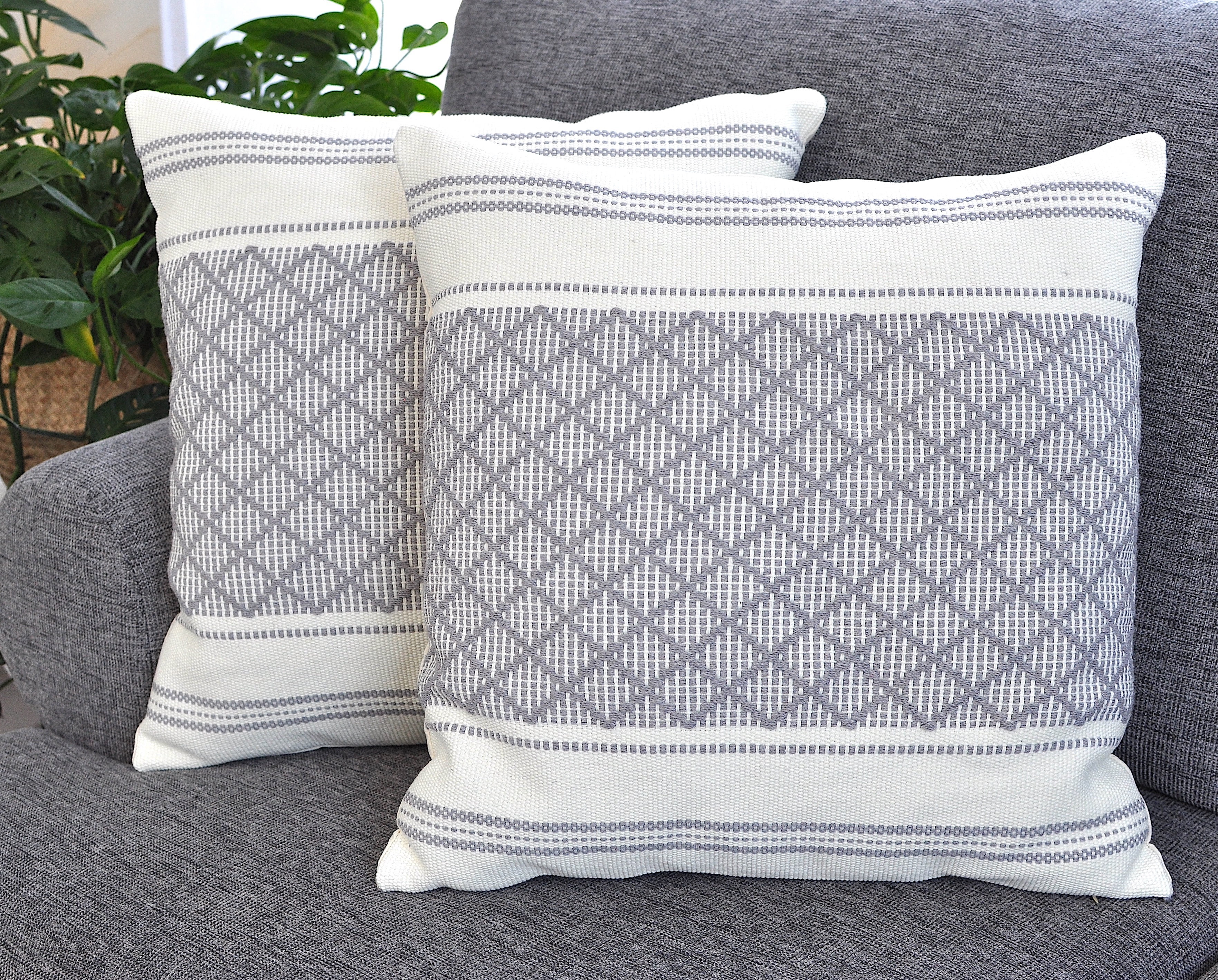 Cotton Woven Designer Throw Pillow Cover, Grey and Cream White, 16 x 16 inches | Square Gray Cushion Covers with Geometric Design Set of 2