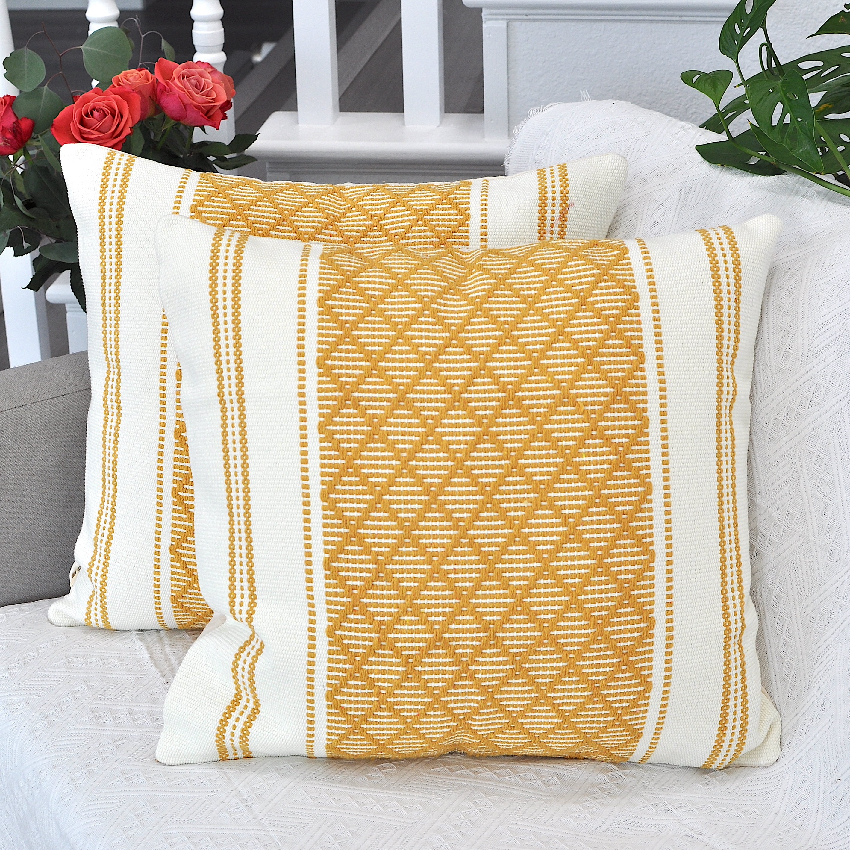 Cotton Woven Designer Throw Pillow Cover, Mustard Yellow & Off White, 20 x 20 inches | Square Cushion Covers with Geometric Design Set of 2