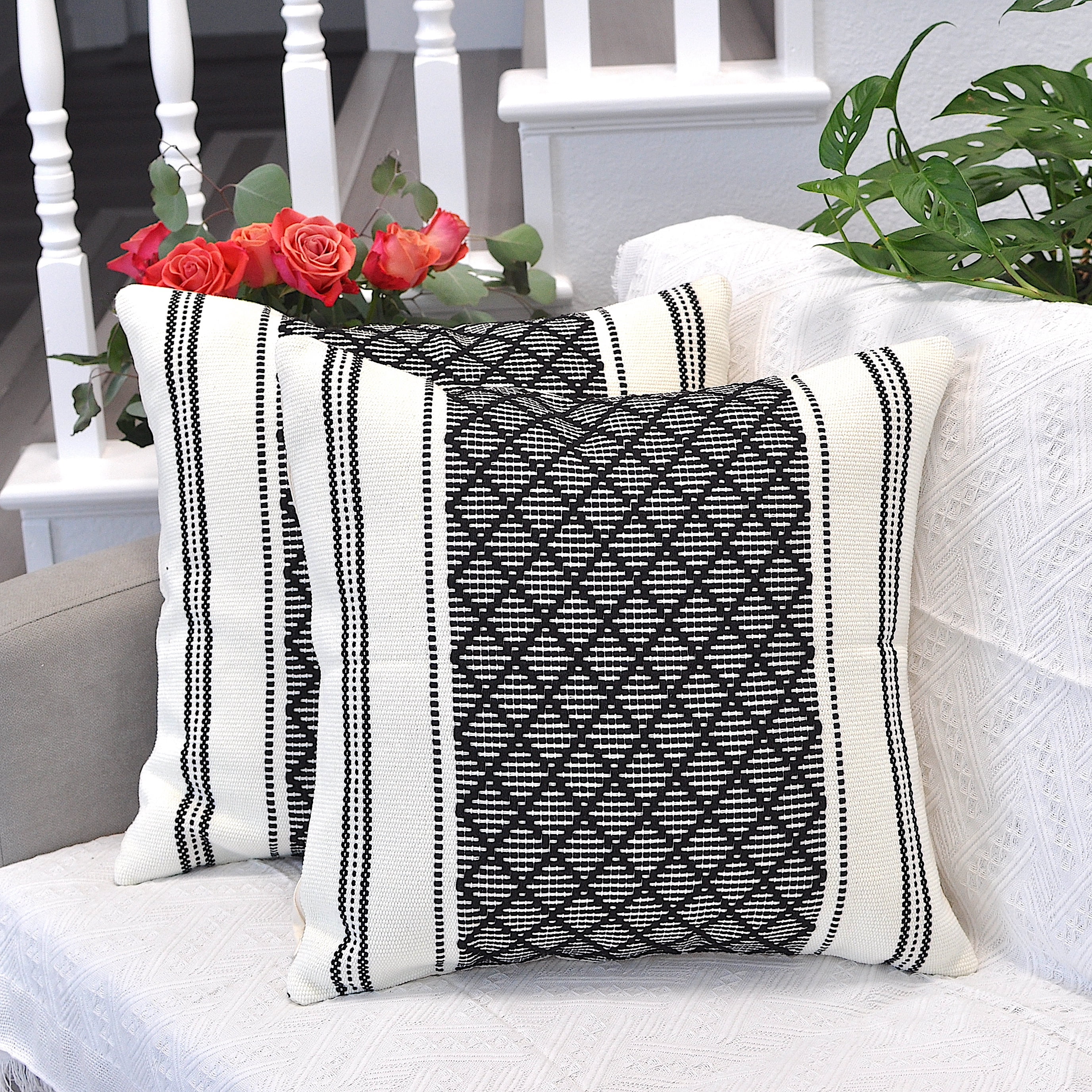 Cotton Woven Designer Throw Pillow Covers, Black and White, 18 x 18 inches | Square Cushion Covers with Geometric Design Set of 2