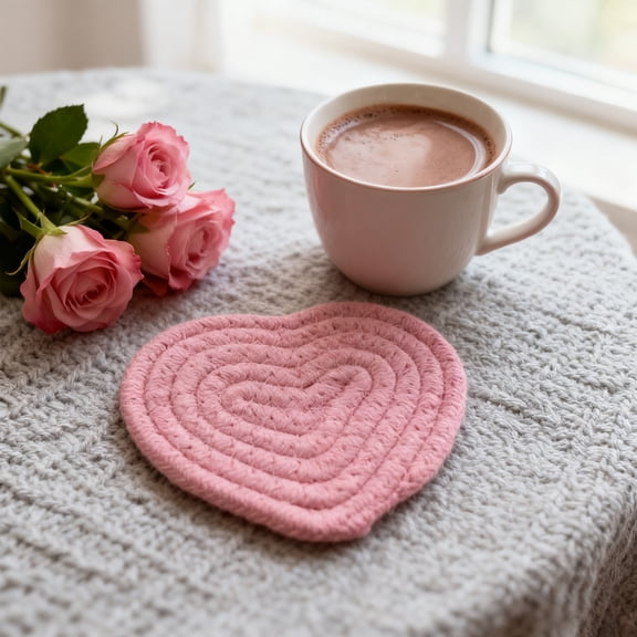 Cotton Woven Heart Coaster Set - Valentine's Day Heat Resistant Table Mat for Drinks, Hot Dishes and Romantic Dinner Table Decorations
