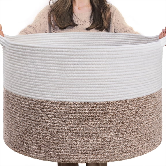 Cotton Woven Rope Storage Basket White & Brown, 21.7"D x 13.8"H for Blanket, Laundry and Toy Organization