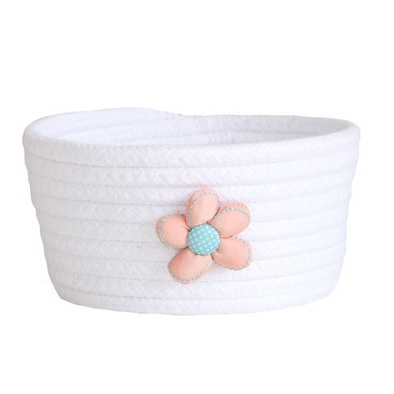 Cotton Woven Storage Basket, Small Round Decorative Organizer, Handwoven Cotton Rope Basket, Jewelry Keys Desk Caddy, Versatile Woven Catchall for Jewelry Keys Desk Sundries Storage, White