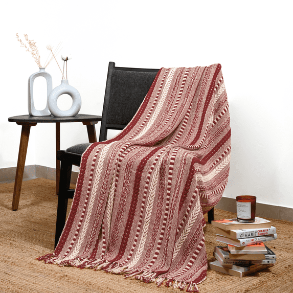 Cotton Woven Throw Blanket with Braided Striped Pattern - 50 x 60 Inches Soft Warm Throws Decorative for Sofa Couch Living Room Bedroom and Home Decor