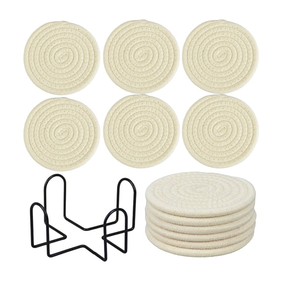 Cotton Woven Trivet Coaster, Non-slip Heat Resistant, 6 Pcs Beige Round Coasters with 1 Storage Rack, for Kitchen Dinning Table Countertop Hot Pot Pans