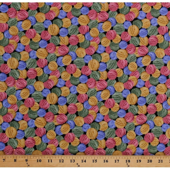 Cotton Yarn Balls Pink Green Yellow Periwinkle Cats Toys Knitters Knitting Furrever Friends Cotton Fabric Print by the Yard (B-9082-44)