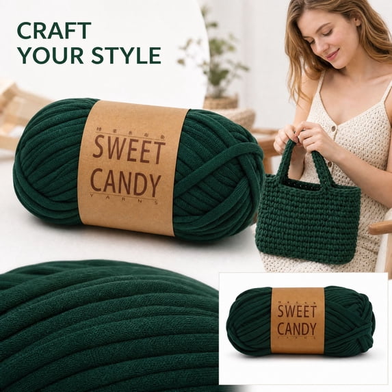 Cotton Yarn for Crochet with Soft T-Shirt Material, 1 Skein, Dark Green, for Beginners Making Baskets and Slippers, Crafting Yarn