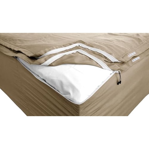 Cotton Zip On Fitted Sheet Full Size (54X75) + 8 Inch Deep Pockets - Includes 2 Zip-On Sheets & 1 Fitted Sheet Base - Full Size Zipper Fitted Sheets - Soft 600 TC Fitted Sheet - Baige$$Bedding
