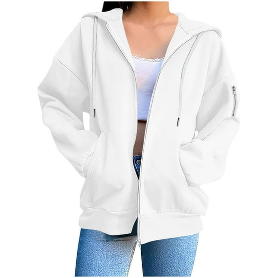 Cotton Zip Up Hoodie Womens Fleece Hooded Jackets Long Sleeves Hooded Sweatshirt with Pockets Soft Comfortable Plain Coat Hoodies #04 White L