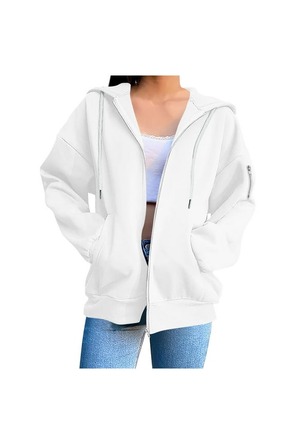 Cotton Zip Up Hoodie Womens Fleece Hooded Jackets Long Sleeves Hooded Sweatshirt with Pockets Soft Comfortable Plain Coat Winter Warm Hoodies #04 White L