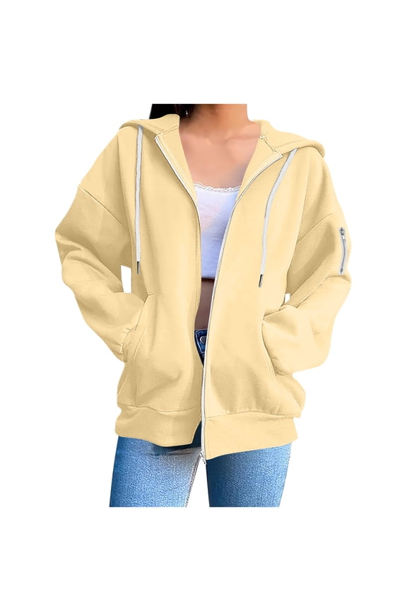 Cotton Zip Up Hoodie Womens Fleece Hooded Jackets Long Sleeves Hooded Sweatshirt with Pockets Soft Comfortable Plain Coat Hoodies #05 Yellow XL