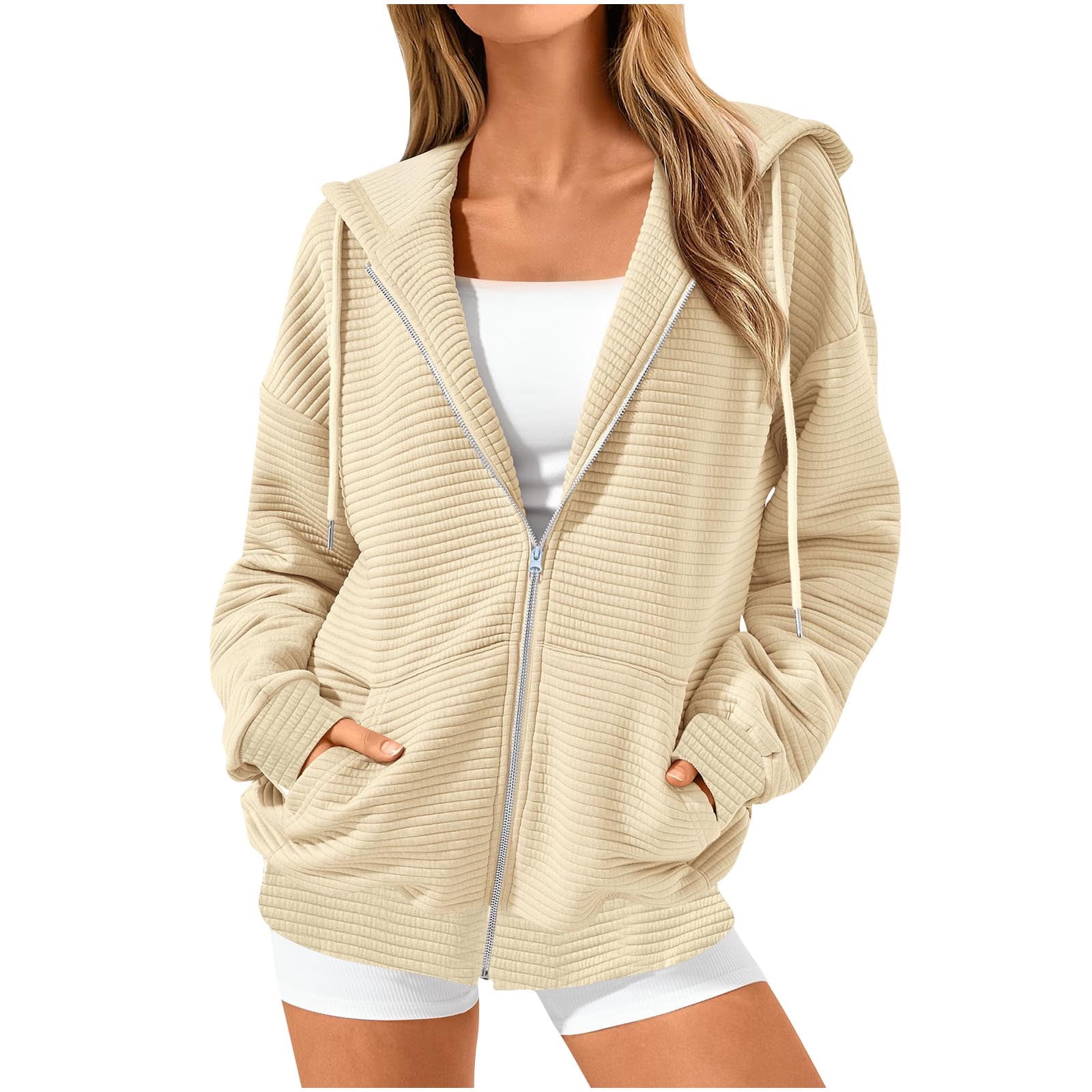 Cotton Plain Hoodie Jackets for Women Full Zip Casual Loose