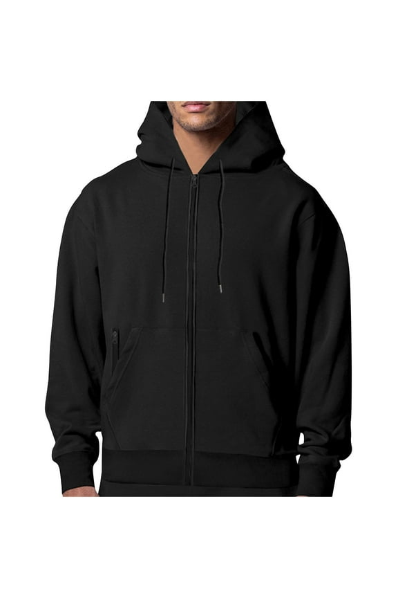 Cotton Zip Up Hoodie for Men Fall Winter Casual Jacket with Hood Pockets Solid Color Sports Sweatshirt Coat (M, Black)